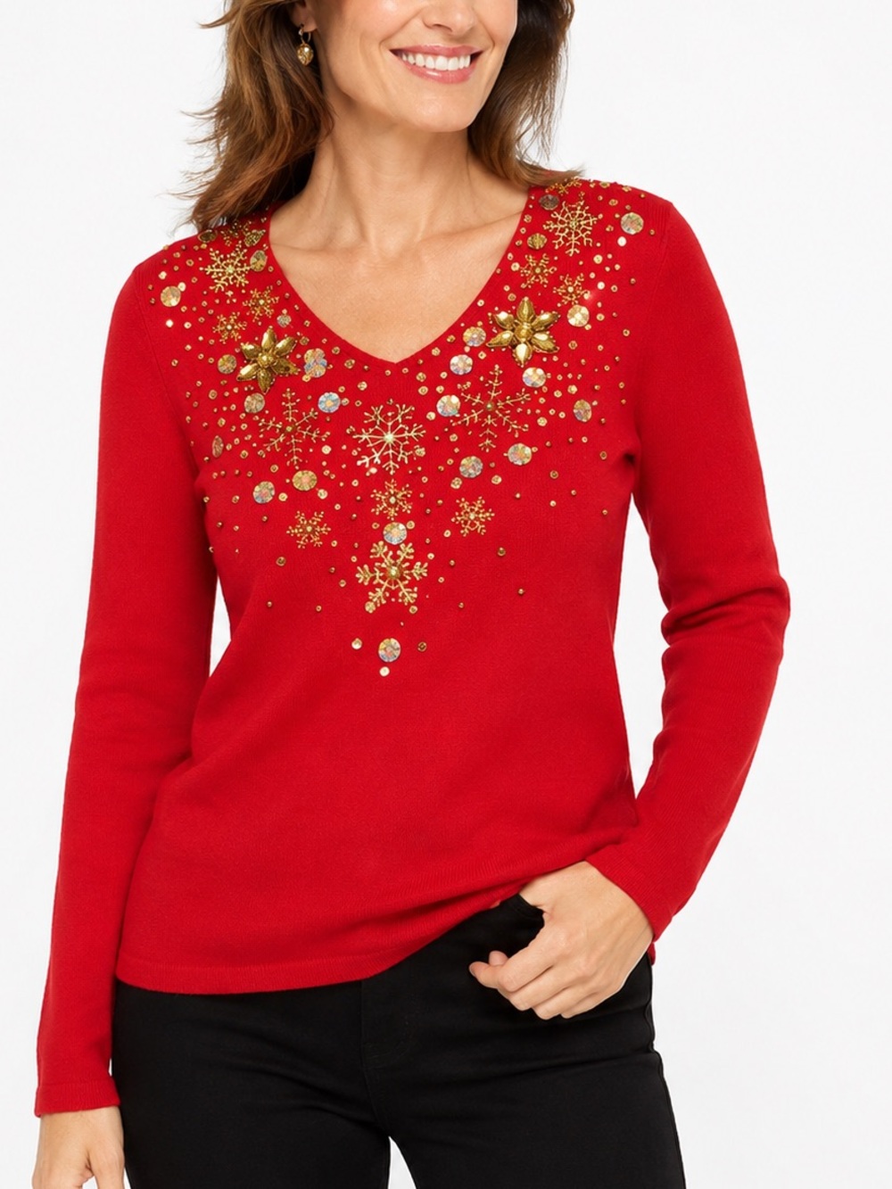 NWT Vintage Jack B. Quick Red Holiday Sweater Gold Snowflake Beaded Sequin Ramie